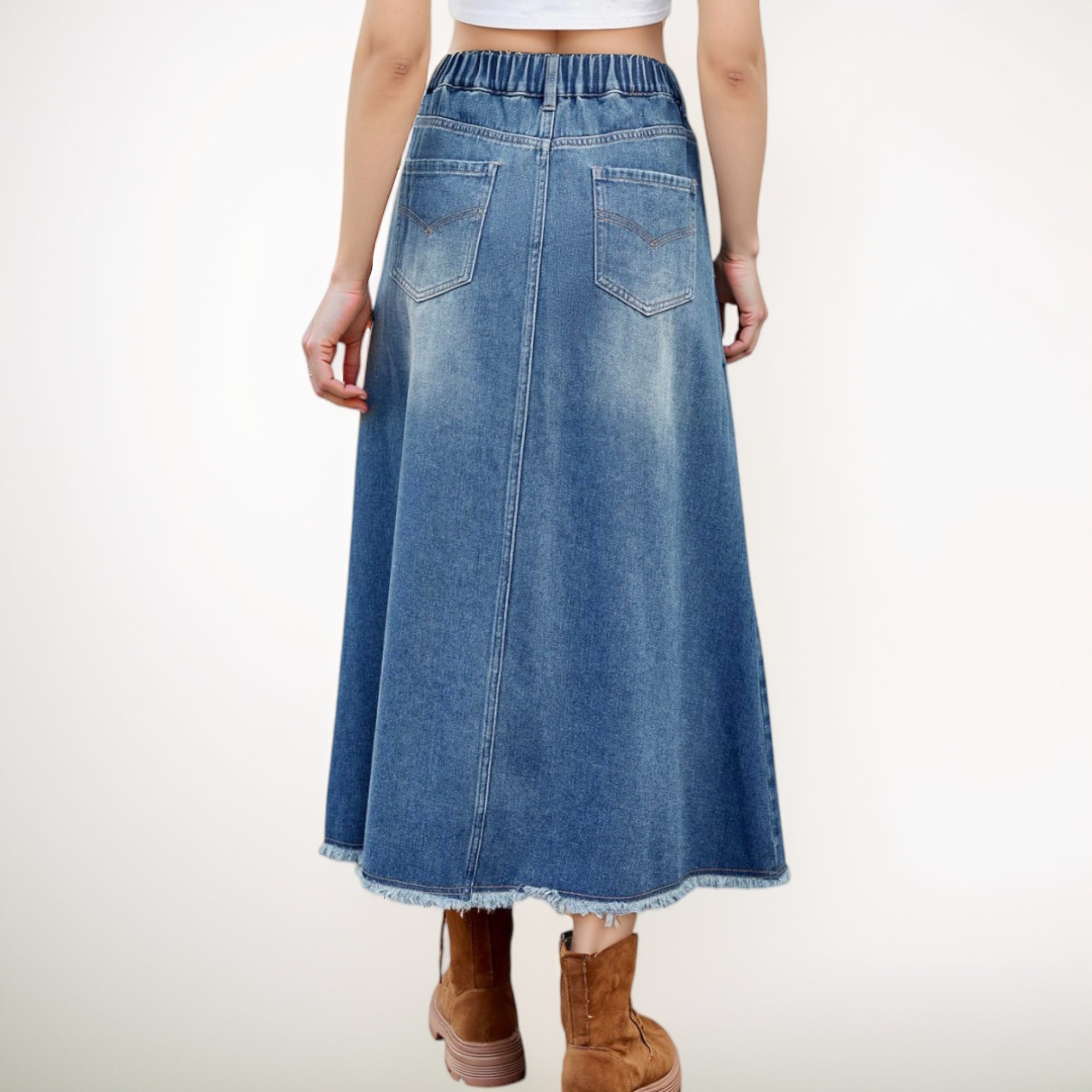 Anna-Kaci Women's High Waist A-Line Denim Maxi Skirt with Front Patch Pockets and Raw Hem Detail