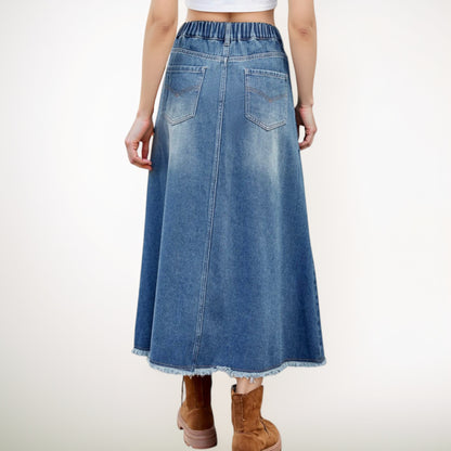 Anna-Kaci Women's High Waist A-Line Denim Maxi Skirt with Front Patch Pockets and Raw Hem Detail