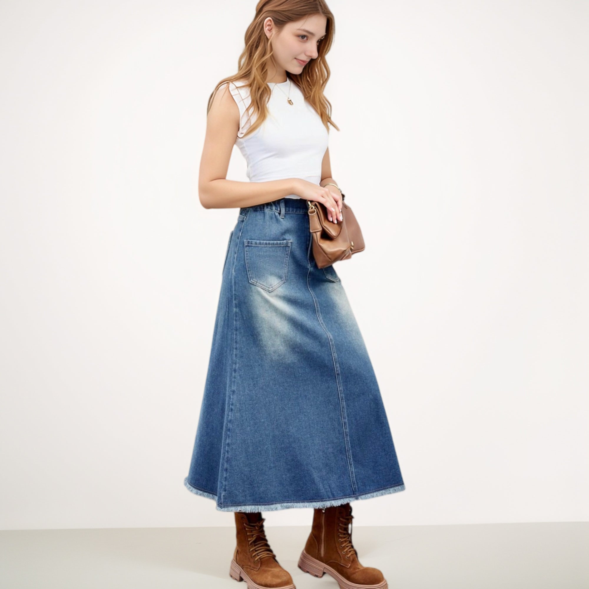 Anna-Kaci Women's High Waist A-Line Denim Maxi Skirt with Front Patch Pockets and Raw Hem Detail