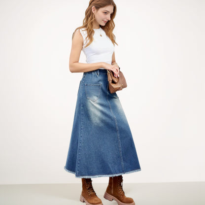 Anna-Kaci Women's High Waist A-Line Denim Maxi Skirt with Front Patch Pockets and Raw Hem Detail