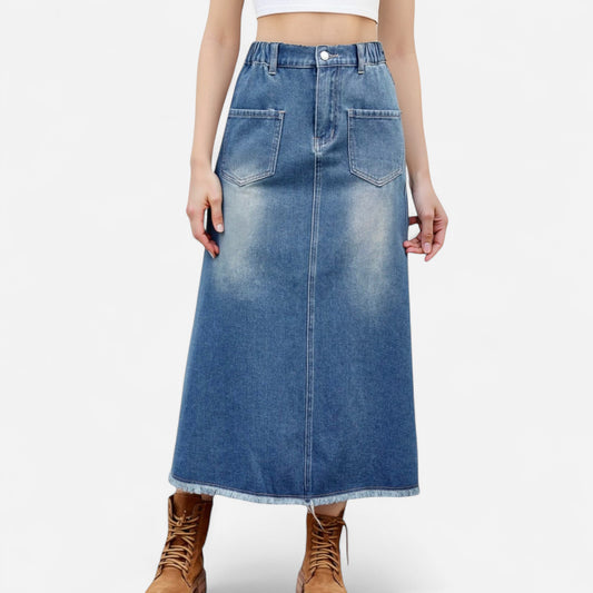 Anna-Kaci Women's High Waist A-Line Denim Maxi Skirt with Front Patch Pockets and Raw Hem Detail