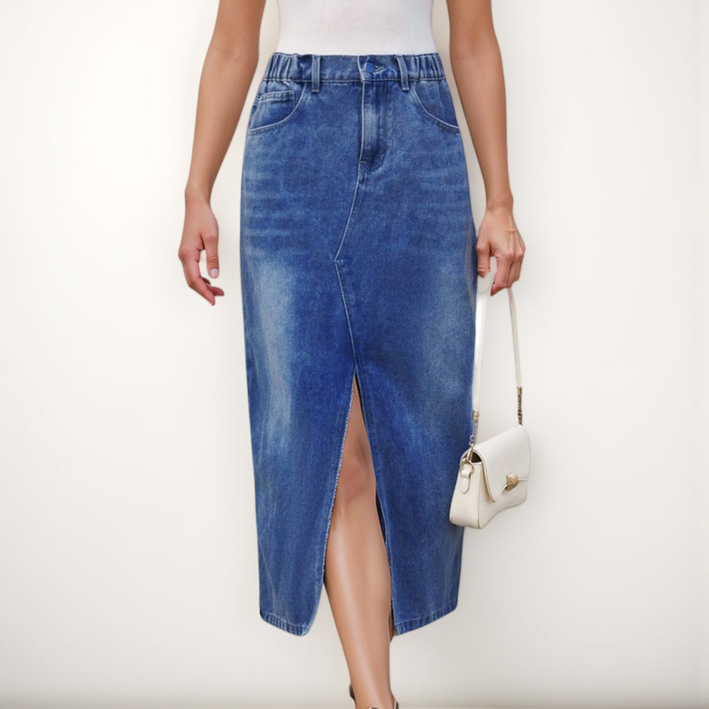 Anna-Kaci Women's High Waist Denim Midi Skirt with Front Slit Detail and Faded Wash Finish