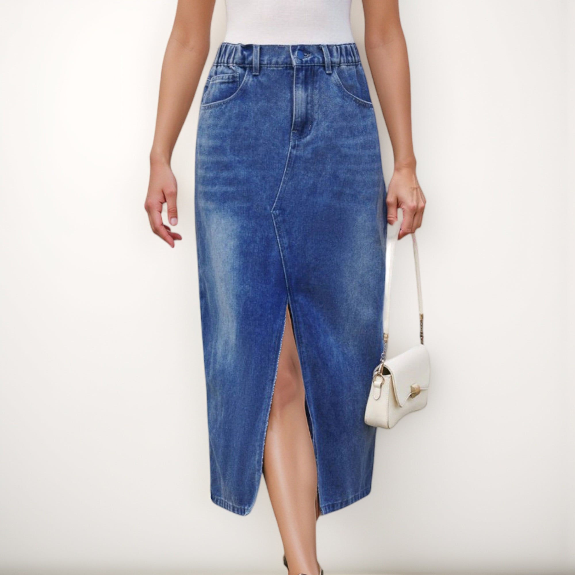 Anna-Kaci Women's High Waist Denim Midi Skirt with Front Slit Detail and Faded Wash Finish