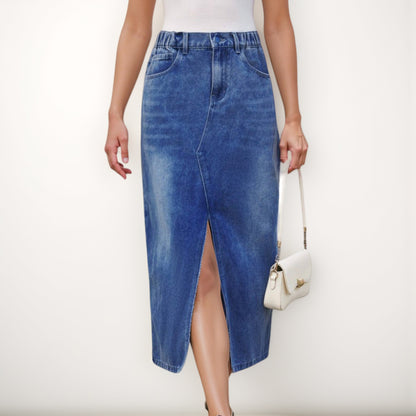 Anna-Kaci Women's High Waist Denim Midi Skirt with Front Slit Detail and Faded Wash Finish