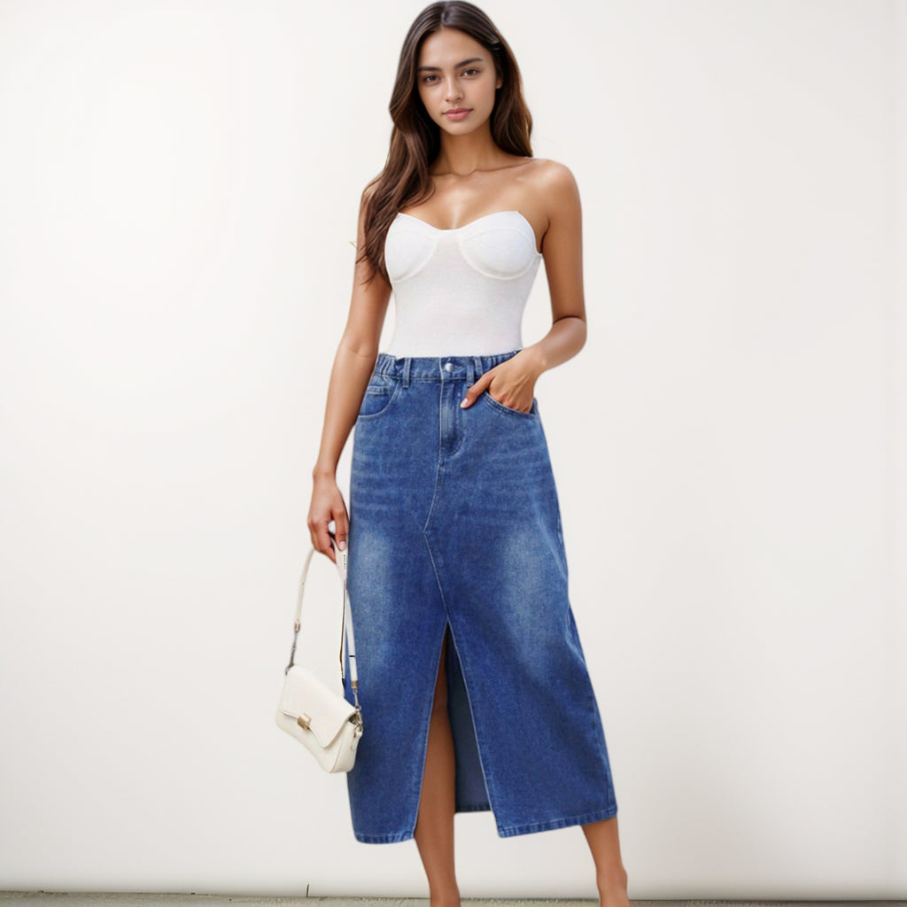 Anna-Kaci Women's High Waist Denim Midi Skirt with Front Slit Detail and Faded Wash Finish