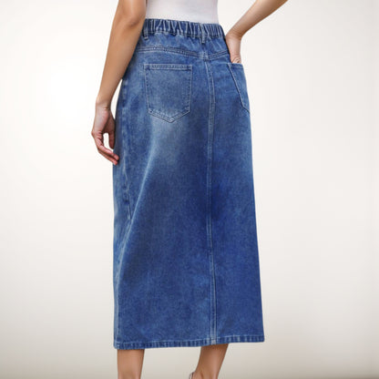 Anna-Kaci Women's High Waist Denim Midi Skirt with Front Slit Detail and Faded Wash Finish