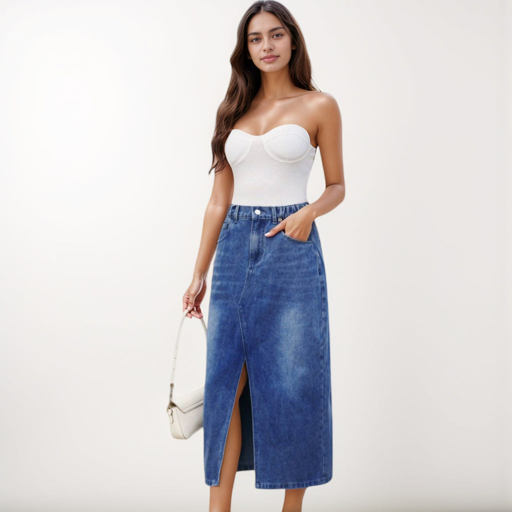 Anna-Kaci Women's High Waist Denim Midi Skirt with Front Slit Detail and Faded Wash Finish