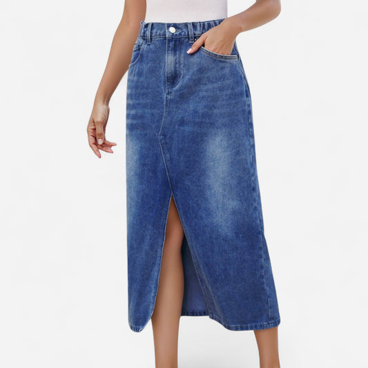 Anna-Kaci Women's High Waist Denim Midi Skirt with Front Slit Detail and Faded Wash Finish