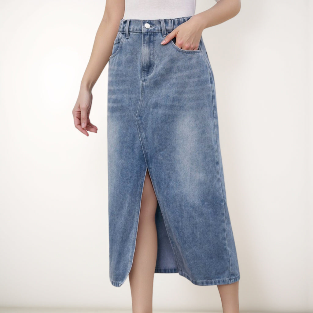 Anna-Kaci Women's High Waist Denim Midi Skirt with Front Slit Detail and Faded Wash Finish