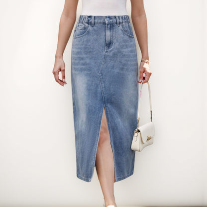 Anna-Kaci Women's High Waist Denim Midi Skirt with Front Slit Detail and Faded Wash Finish