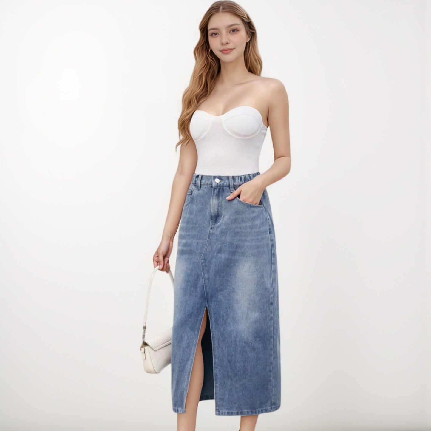 Anna-Kaci Women's High Waist Denim Midi Skirt with Front Slit Detail and Faded Wash Finish