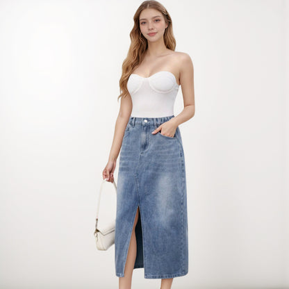 Anna-Kaci Women's High Waist Denim Midi Skirt with Front Slit Detail and Faded Wash Finish