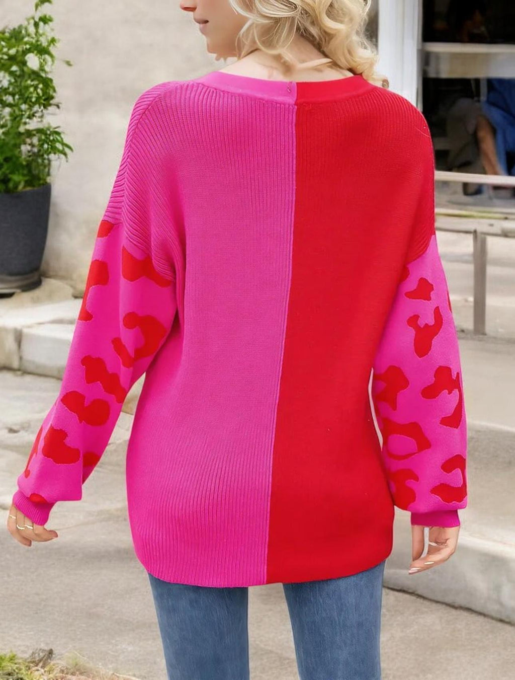 Color Block V-Neck Sweater with Heart Patterned Sleeves and Oversized Fit