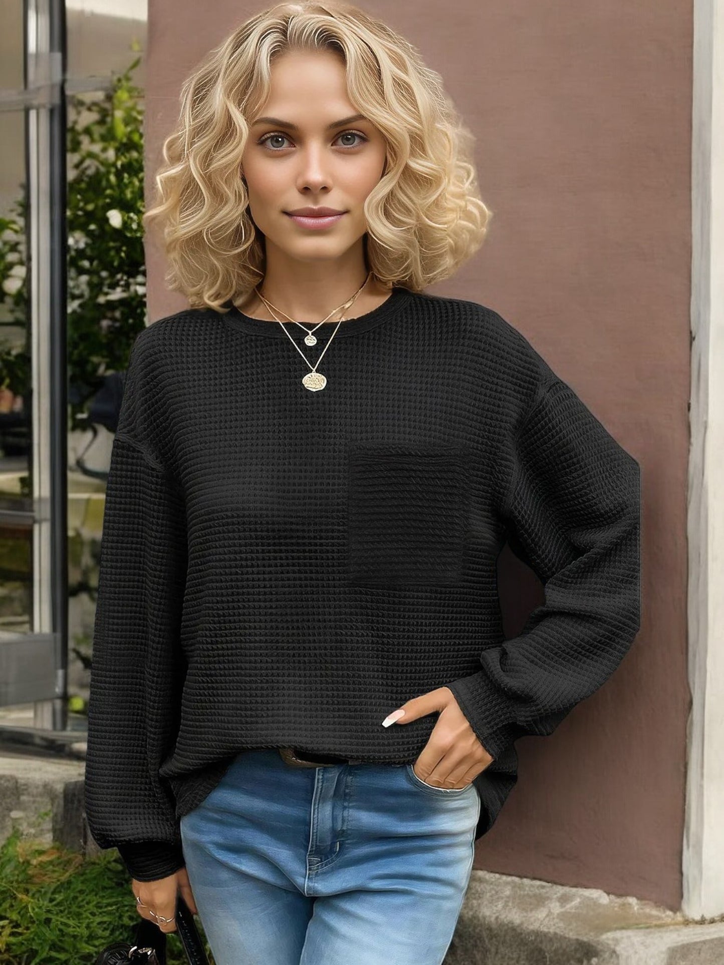 Waffle Knit Long Sleeve Top with Front Pocket and Relaxed Fit