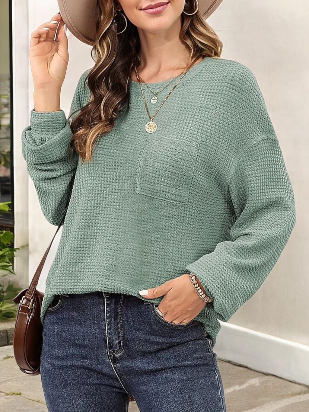 Waffle Knit Long Sleeve Top with Front Pocket and Relaxed Fit
