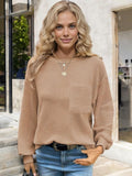 Waffle Knit Long Sleeve Top with Front Pocket and Relaxed Fit
