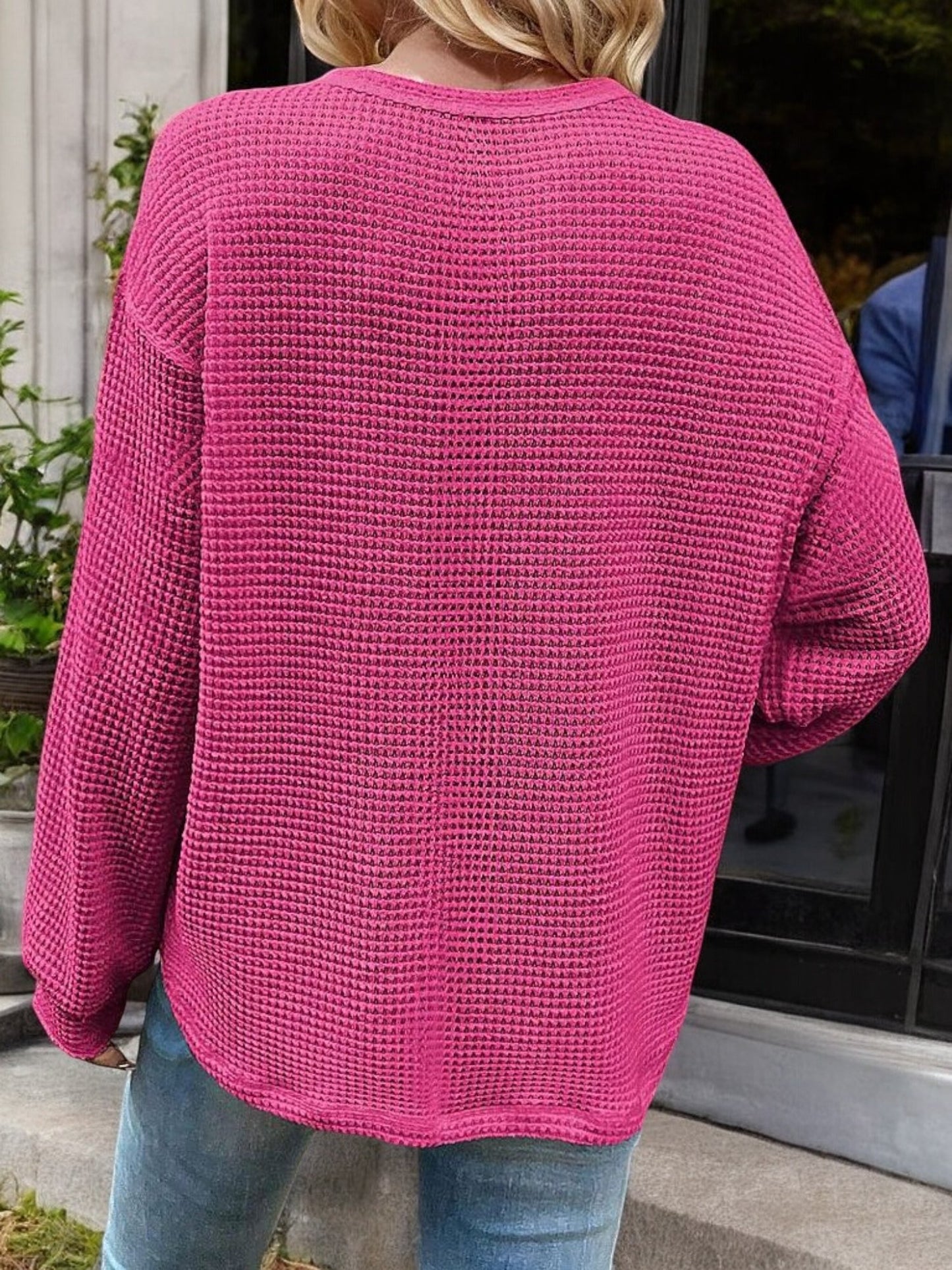 Waffle Knit Long Sleeve Top with Front Pocket and Relaxed Fit