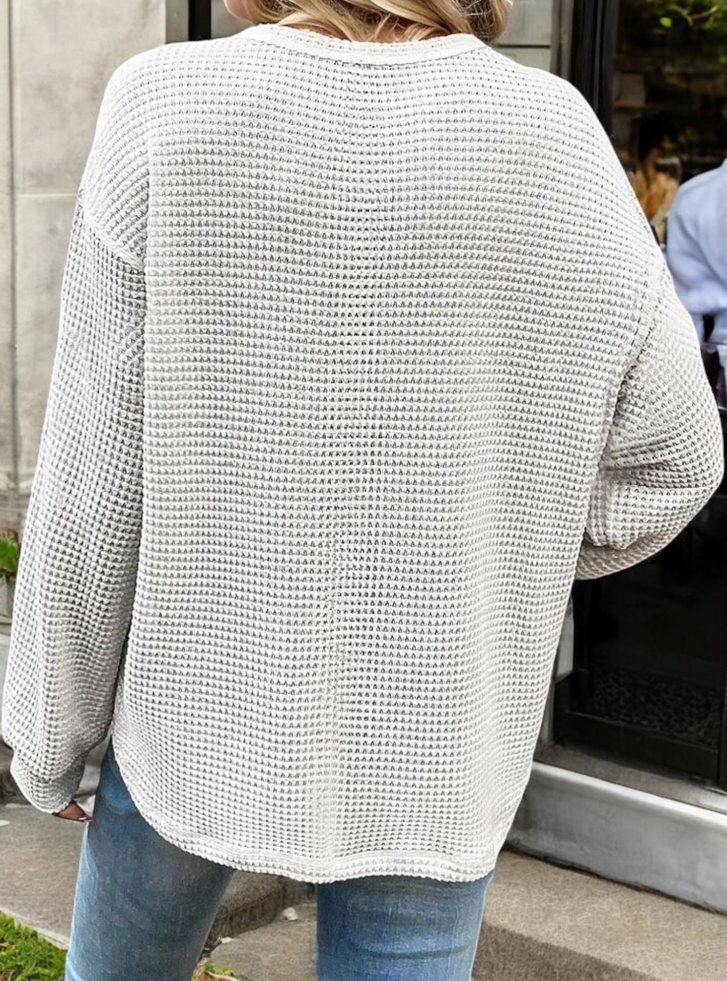 Waffle Knit Long Sleeve Top with Front Pocket and Relaxed Fit