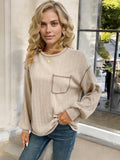 Striped Long Sleeve Top with Front Pocket and Relaxed Fit