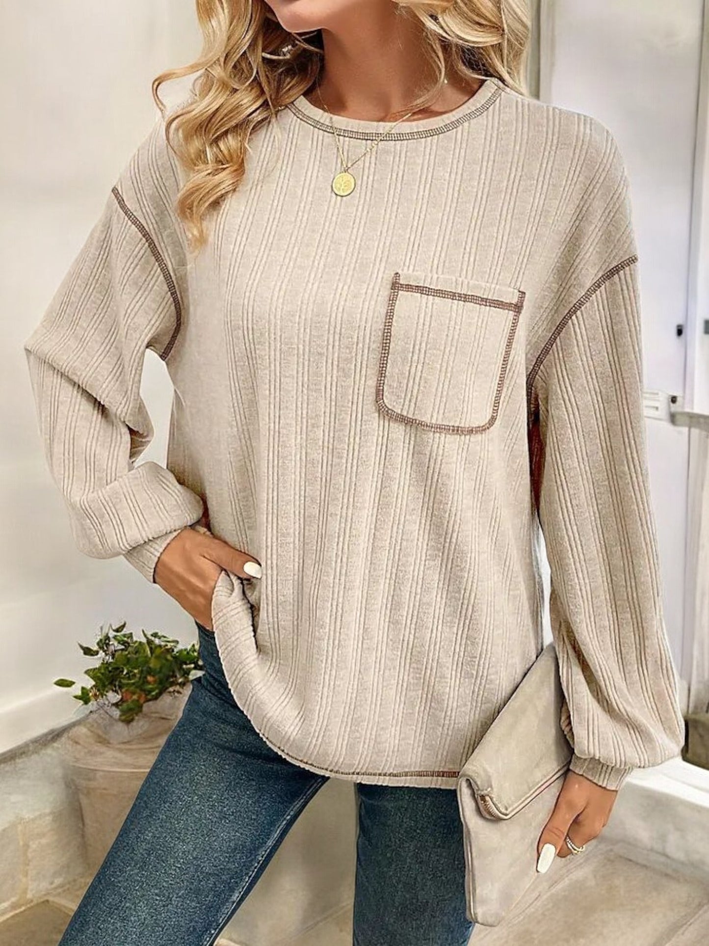 Striped Long Sleeve Top with Front Pocket and Relaxed Fit