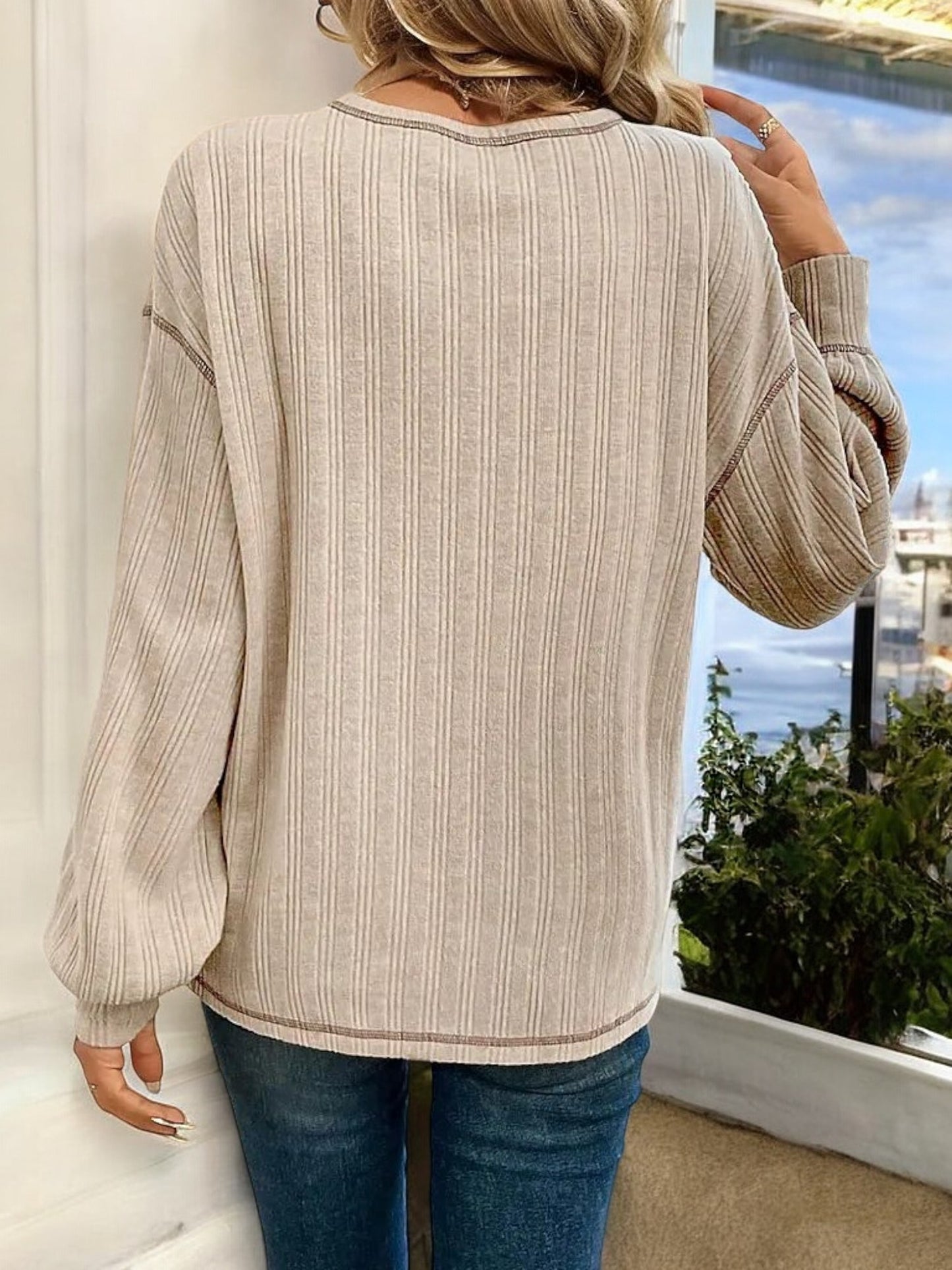 Striped Long Sleeve Top with Front Pocket and Relaxed Fit