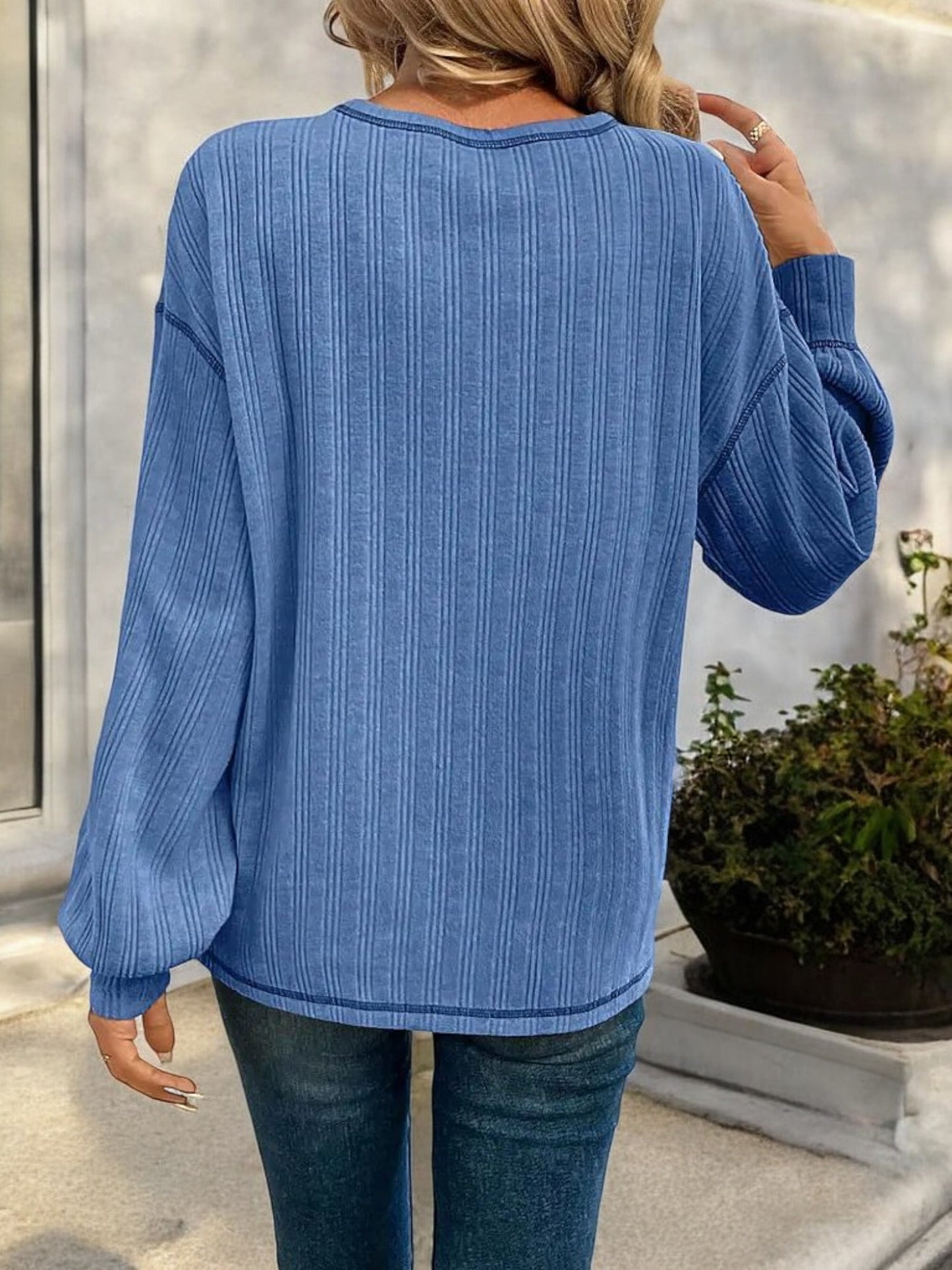 Striped Long Sleeve Top with Front Pocket and Relaxed Fit