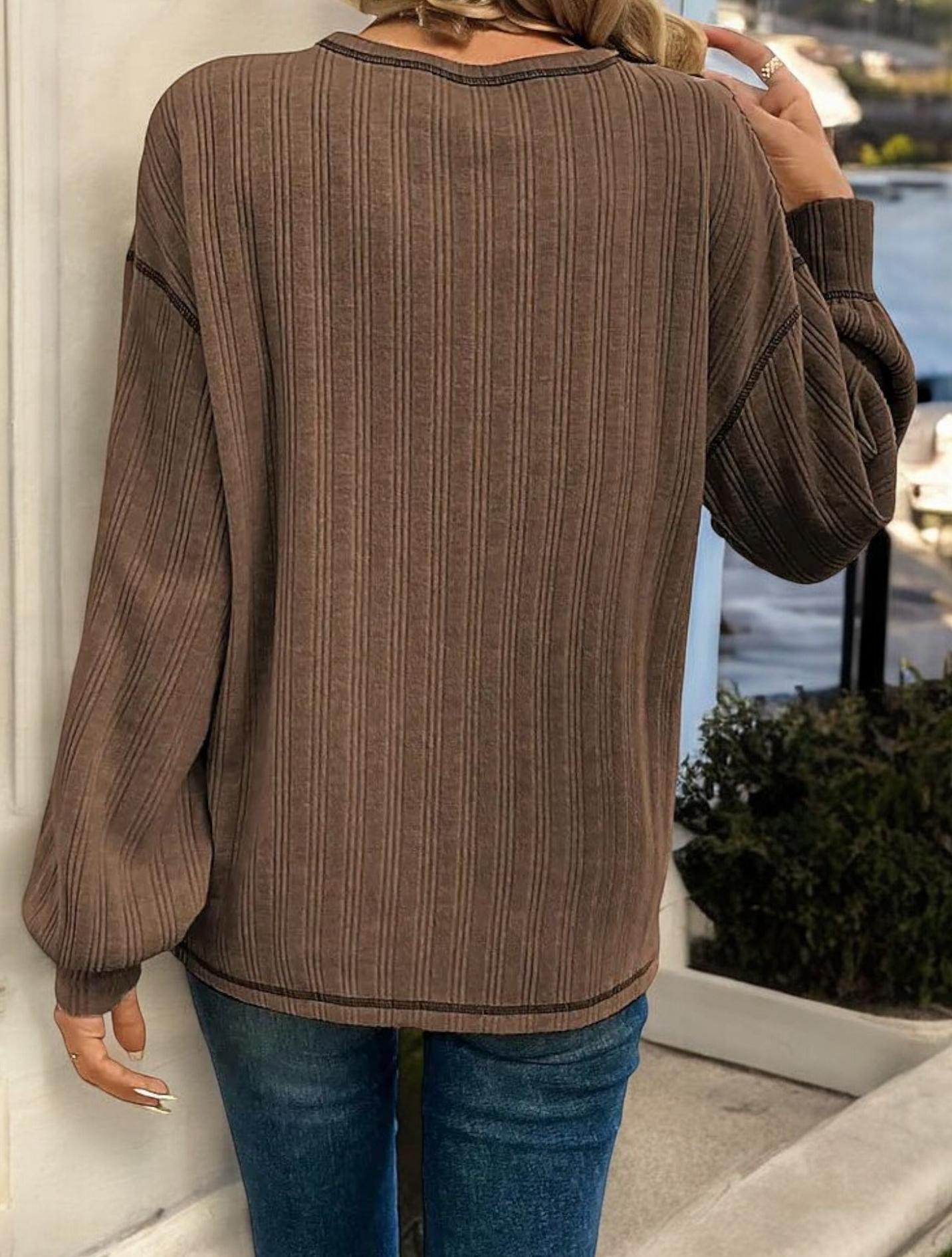 Striped Long Sleeve Top with Front Pocket and Relaxed Fit
