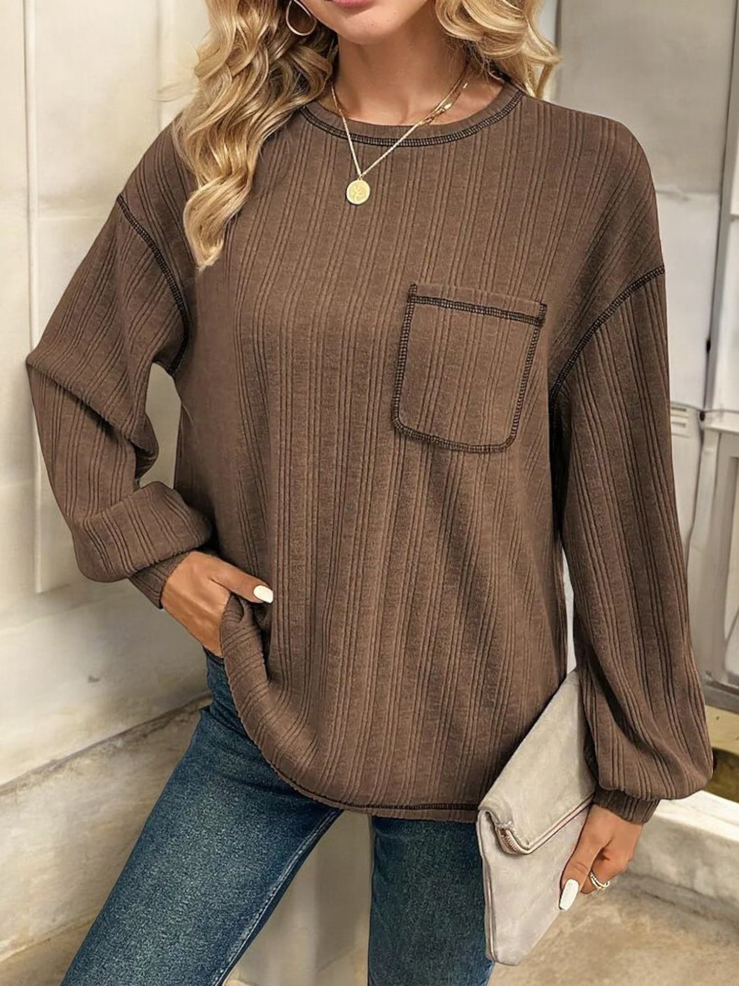 Striped Long Sleeve Top with Front Pocket and Relaxed Fit