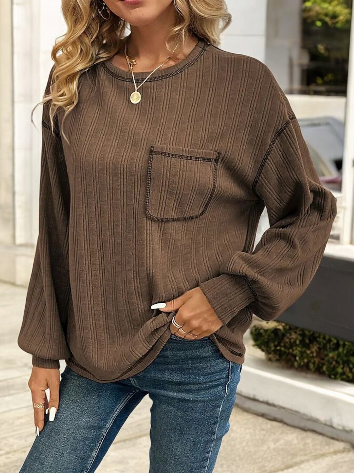 Striped Long Sleeve Top with Front Pocket and Relaxed Fit