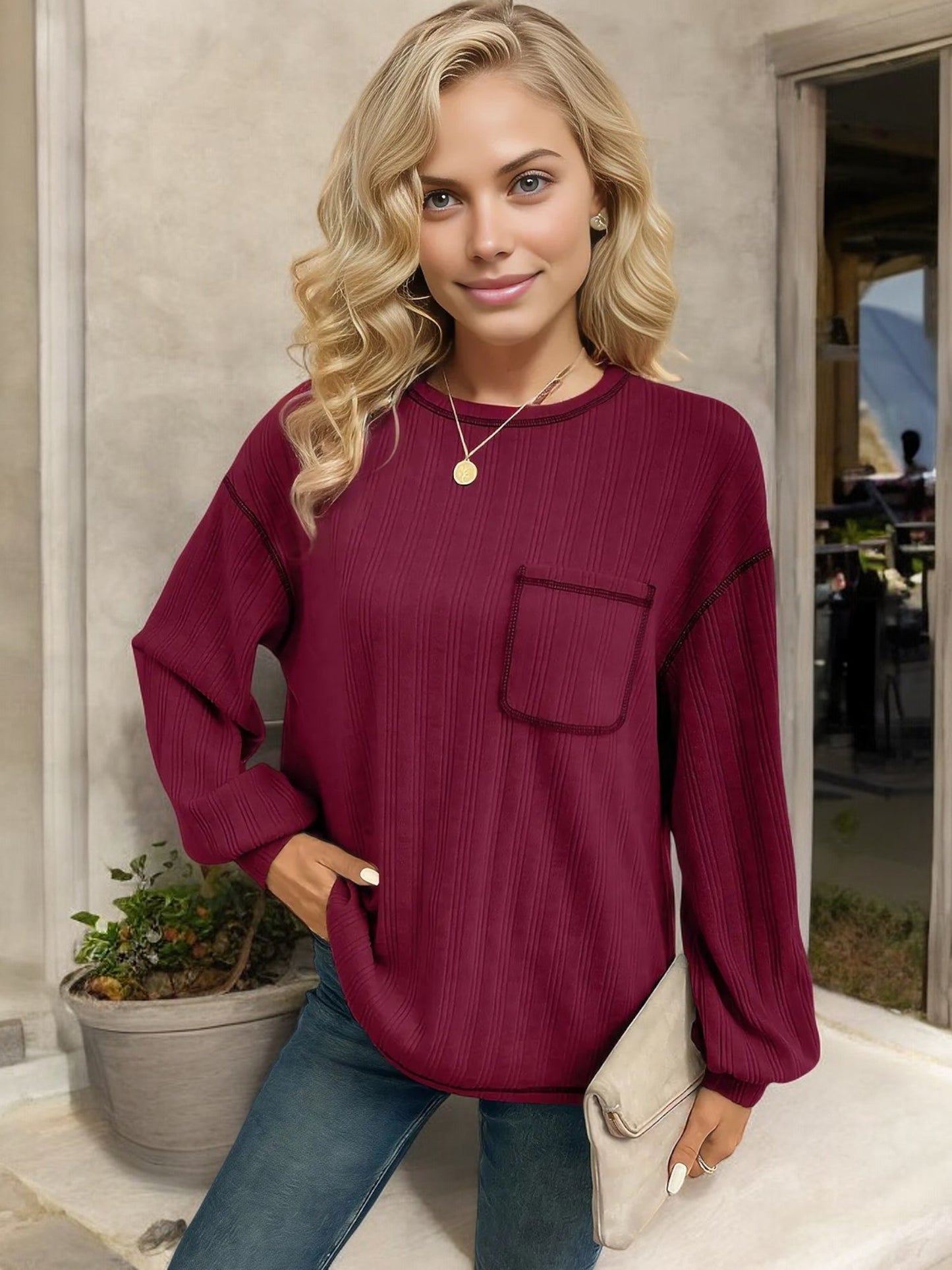 Striped Long Sleeve Top with Front Pocket and Relaxed Fit