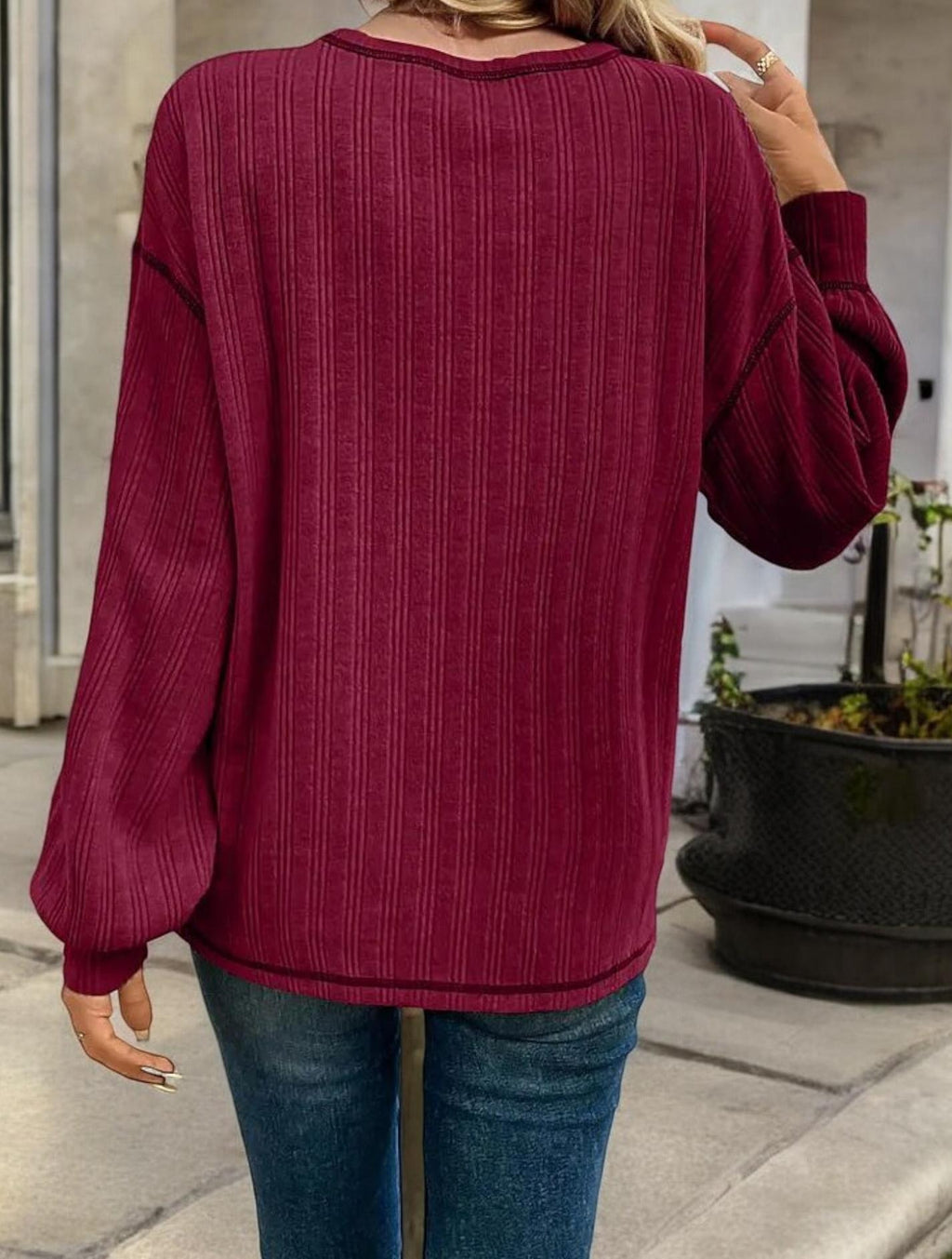 Striped Long Sleeve Top with Front Pocket and Relaxed Fit