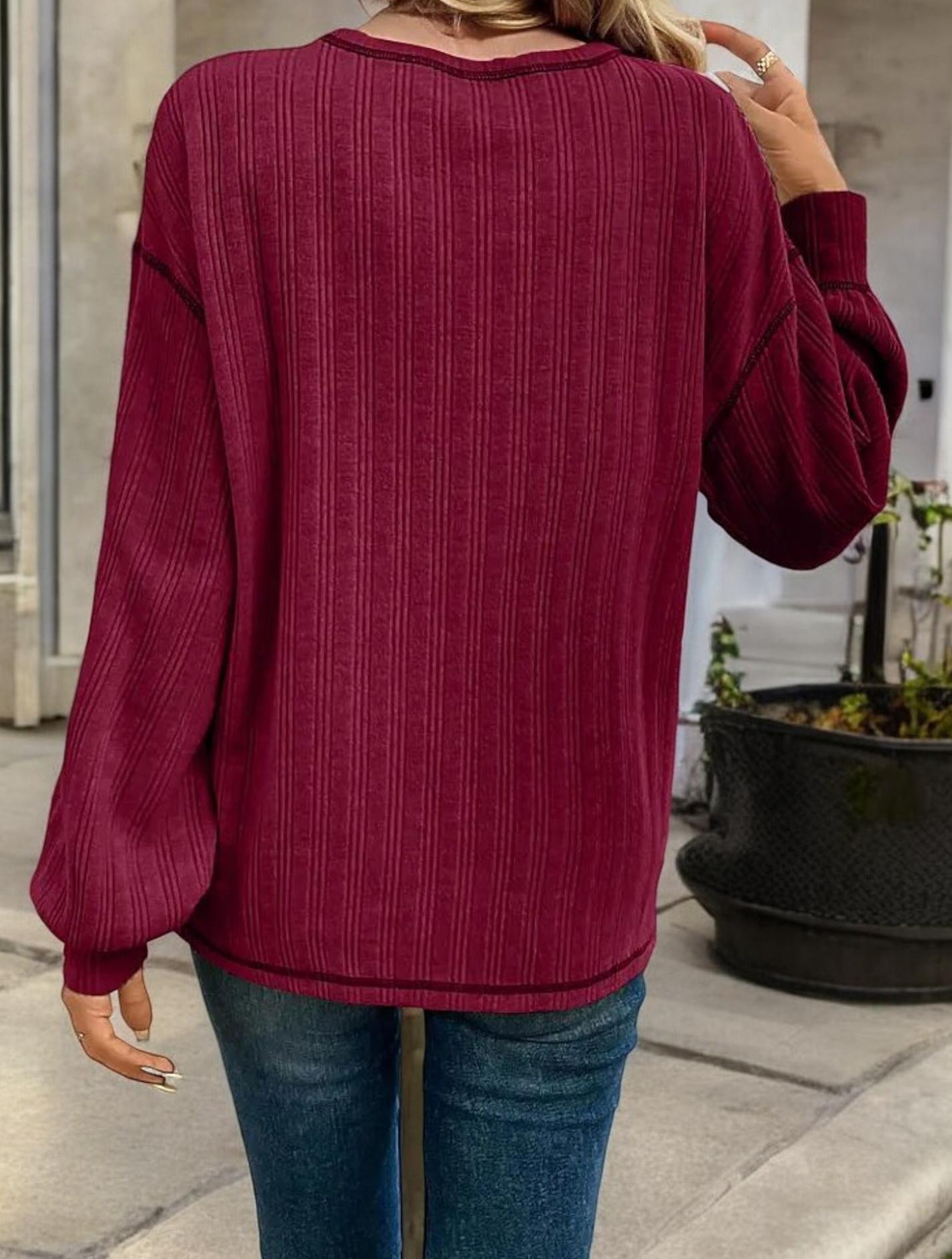 Striped Long Sleeve Top with Front Pocket and Relaxed Fit