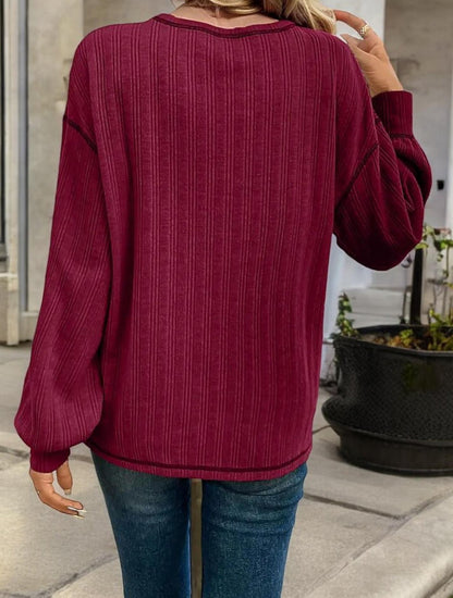 Striped Long Sleeve Top with Front Pocket and Relaxed Fit