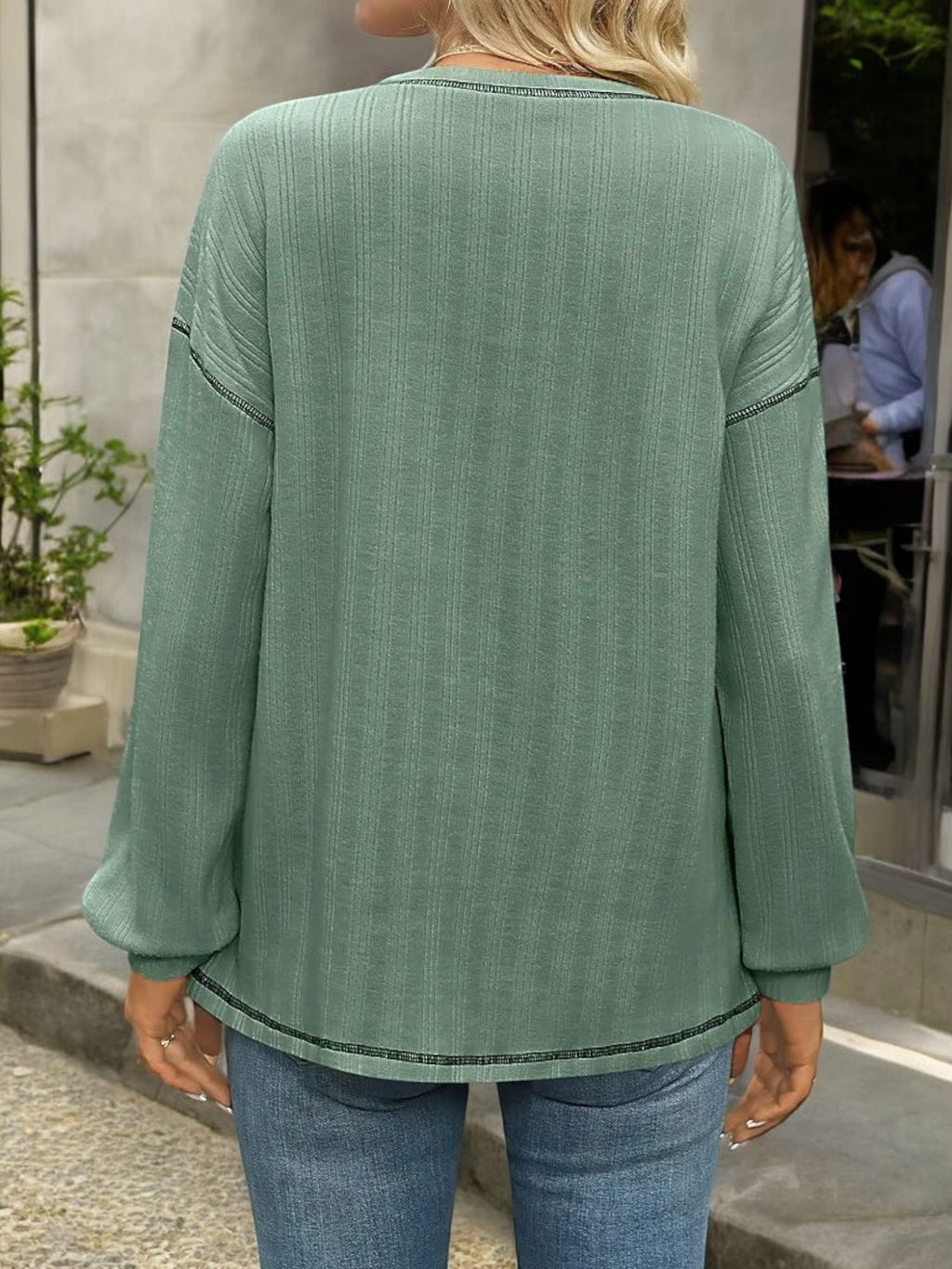 Striped Long Sleeve Top with Front Pocket and Relaxed Fit