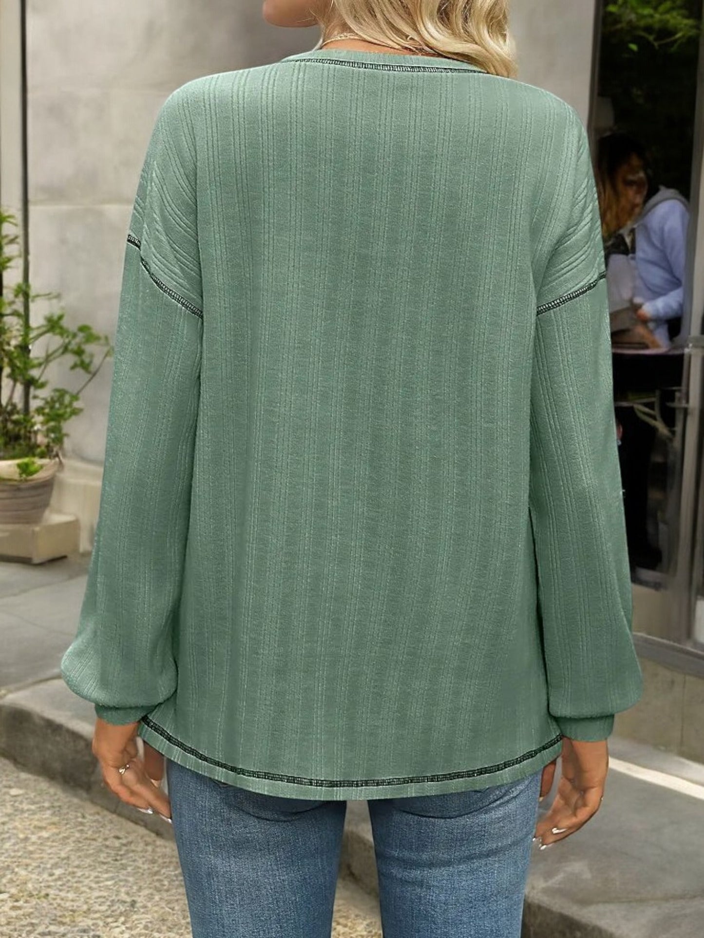Striped Long Sleeve Top with Front Pocket and Relaxed Fit