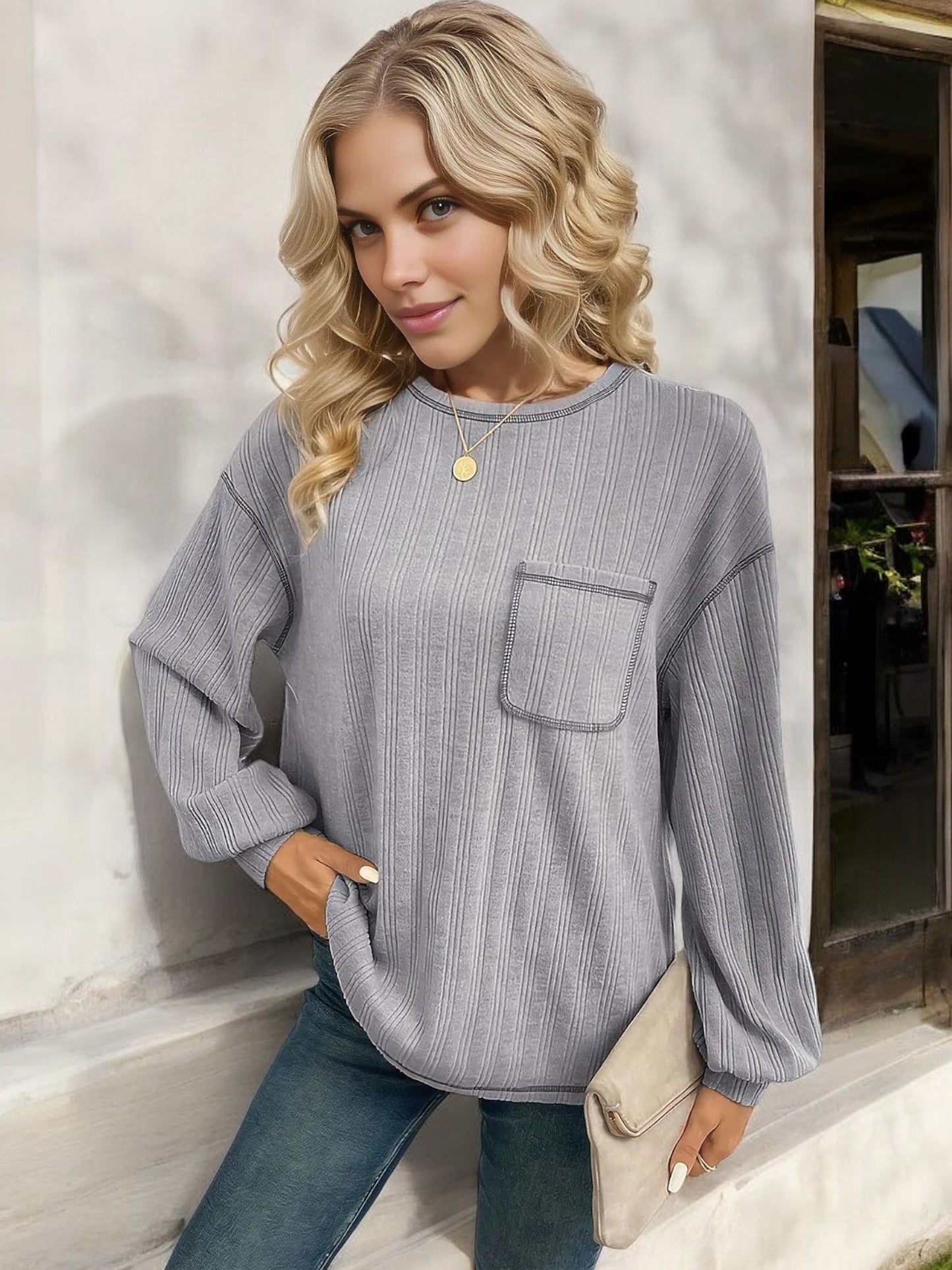 Striped Long Sleeve Top with Front Pocket and Relaxed Fit