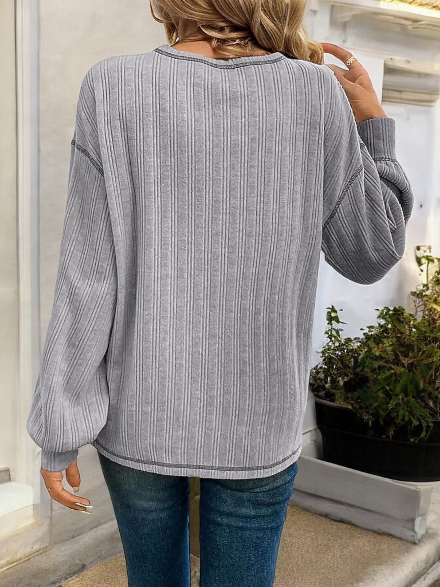 Striped Long Sleeve Top with Front Pocket and Relaxed Fit