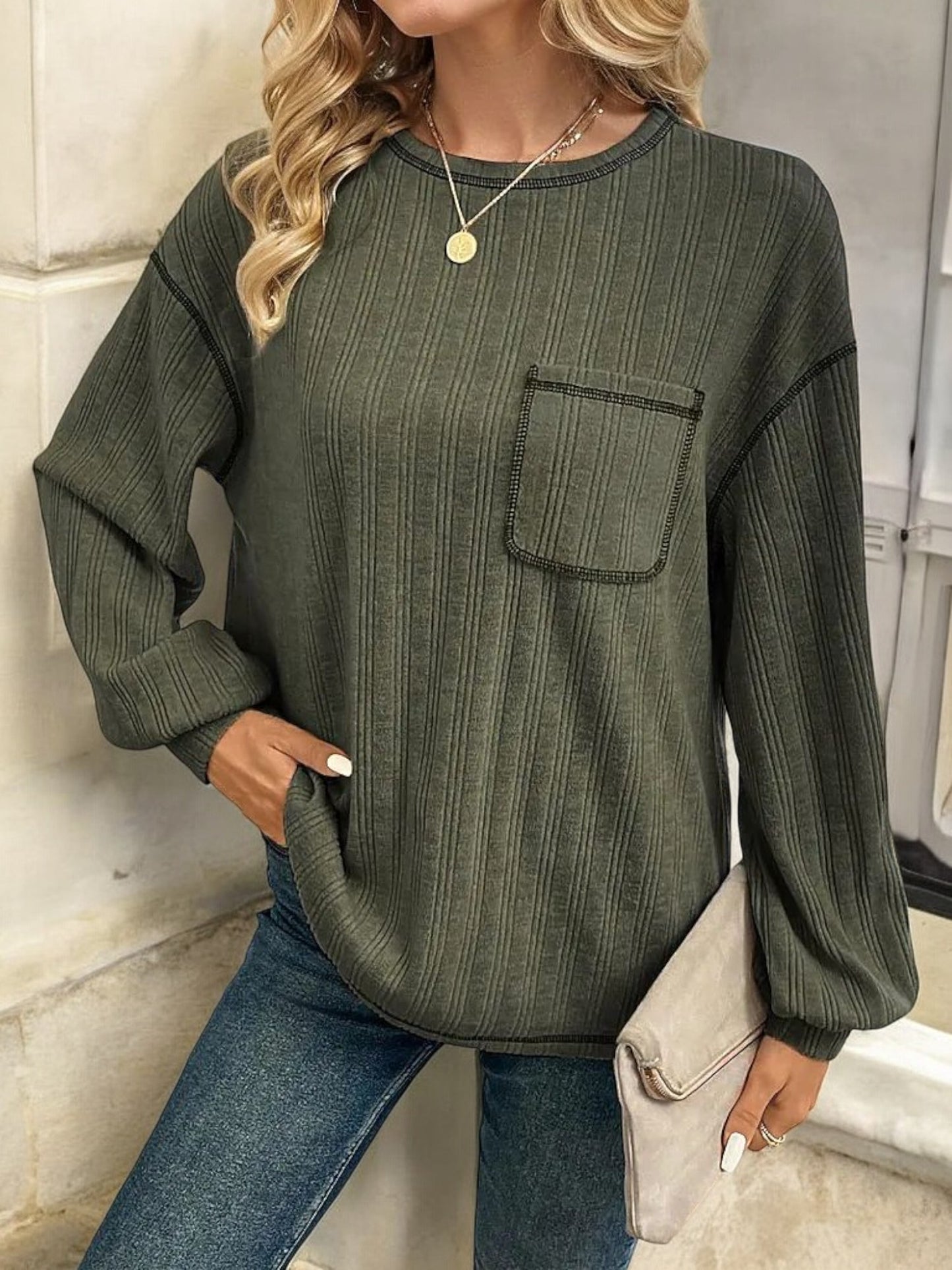 Striped Long Sleeve Top with Front Pocket and Relaxed Fit
