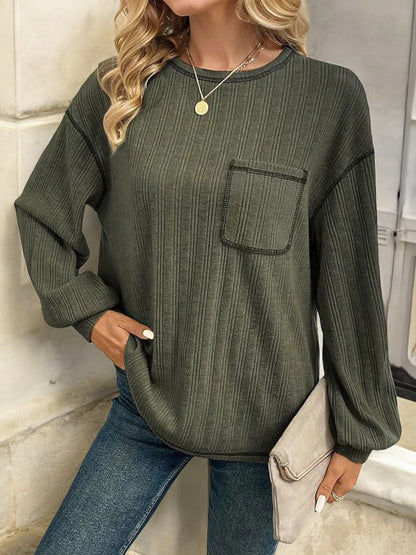 Striped Long Sleeve Top with Front Pocket and Relaxed Fit