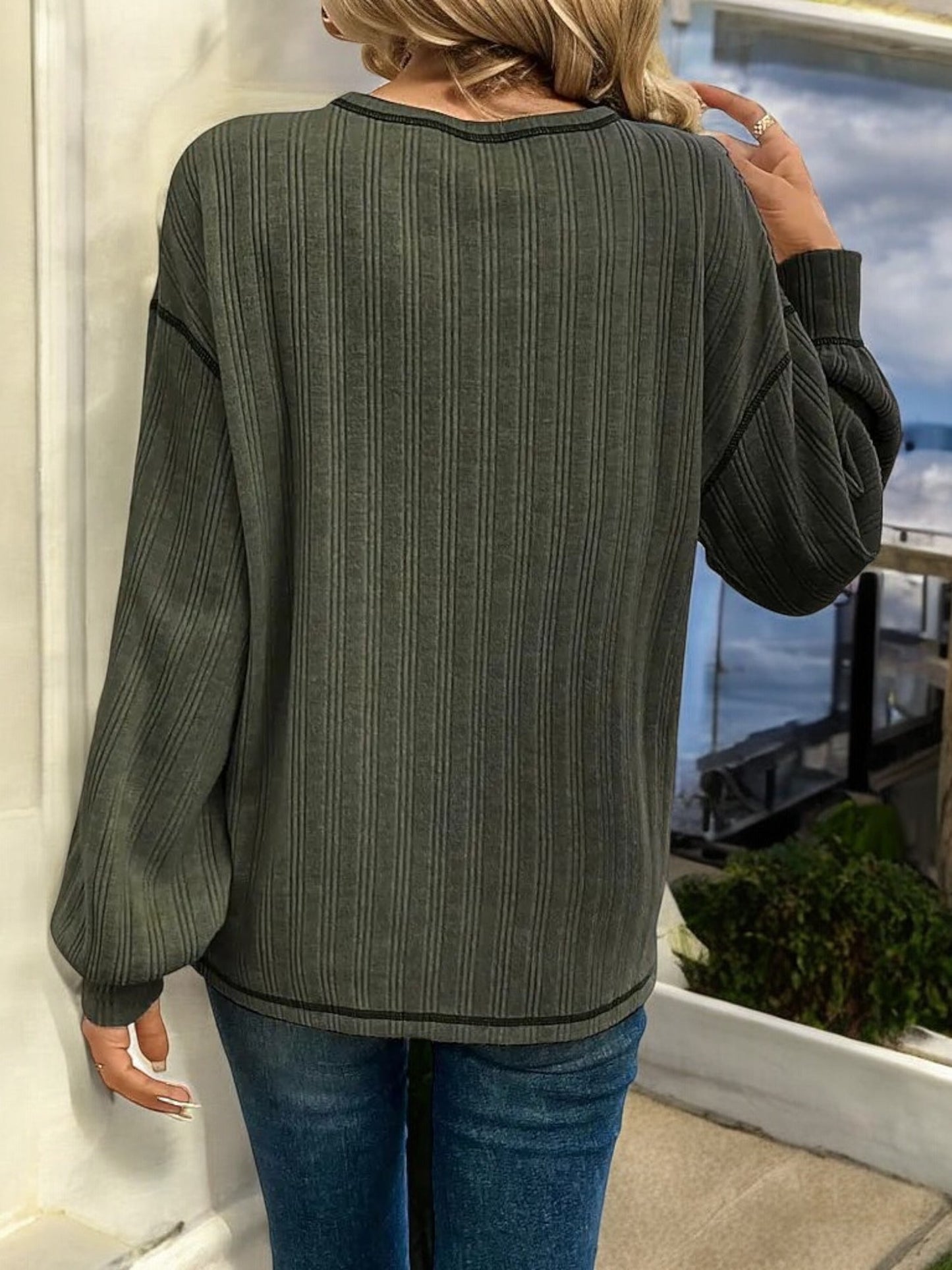 Striped Long Sleeve Top with Front Pocket and Relaxed Fit