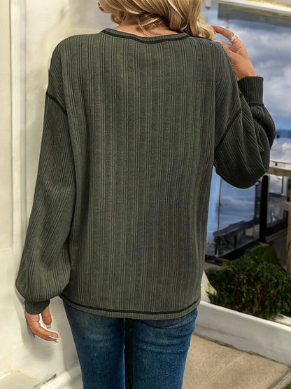 Striped Long Sleeve Top with Front Pocket and Relaxed Fit
