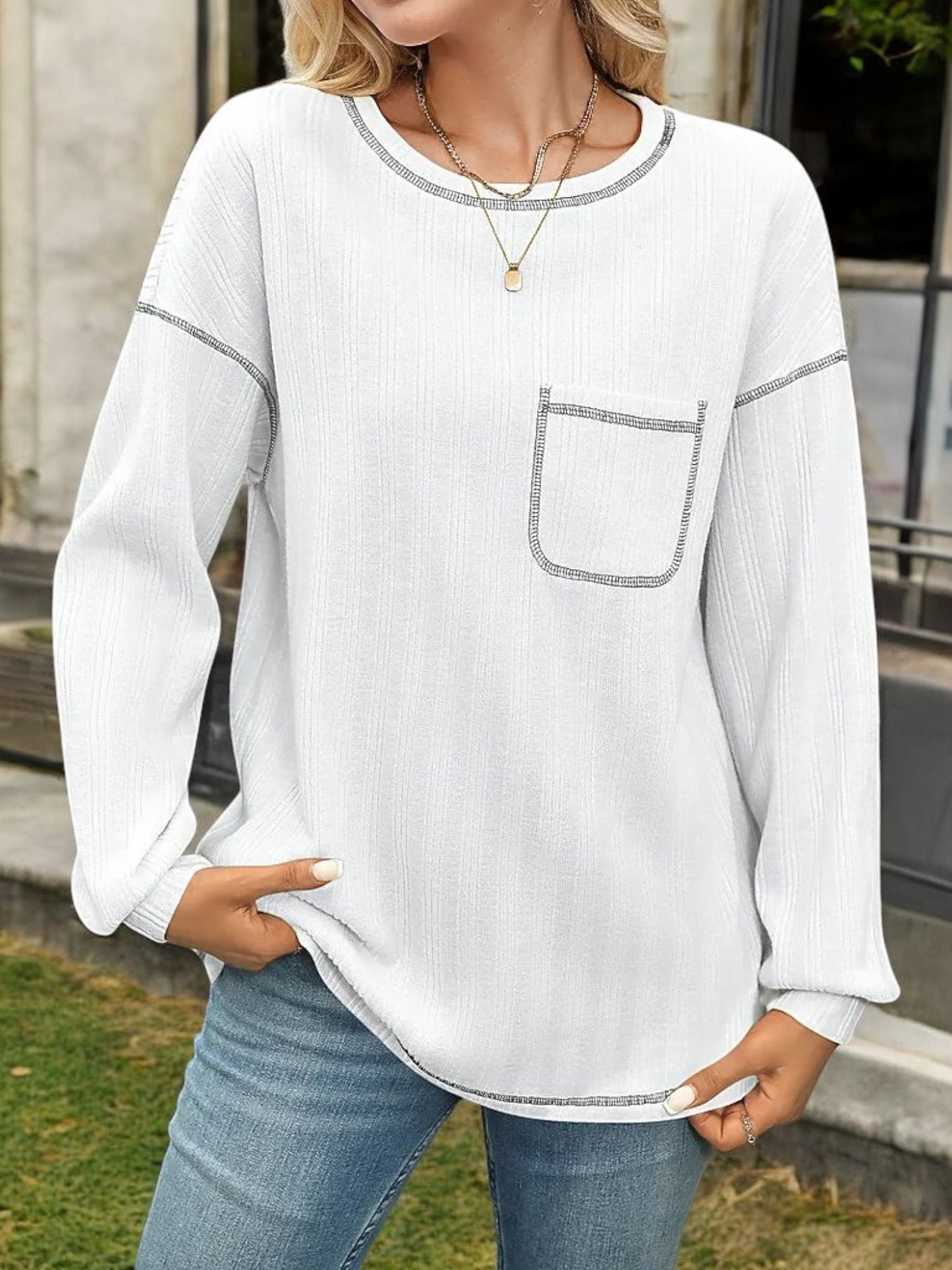 Striped Long Sleeve Top with Front Pocket and Relaxed Fit