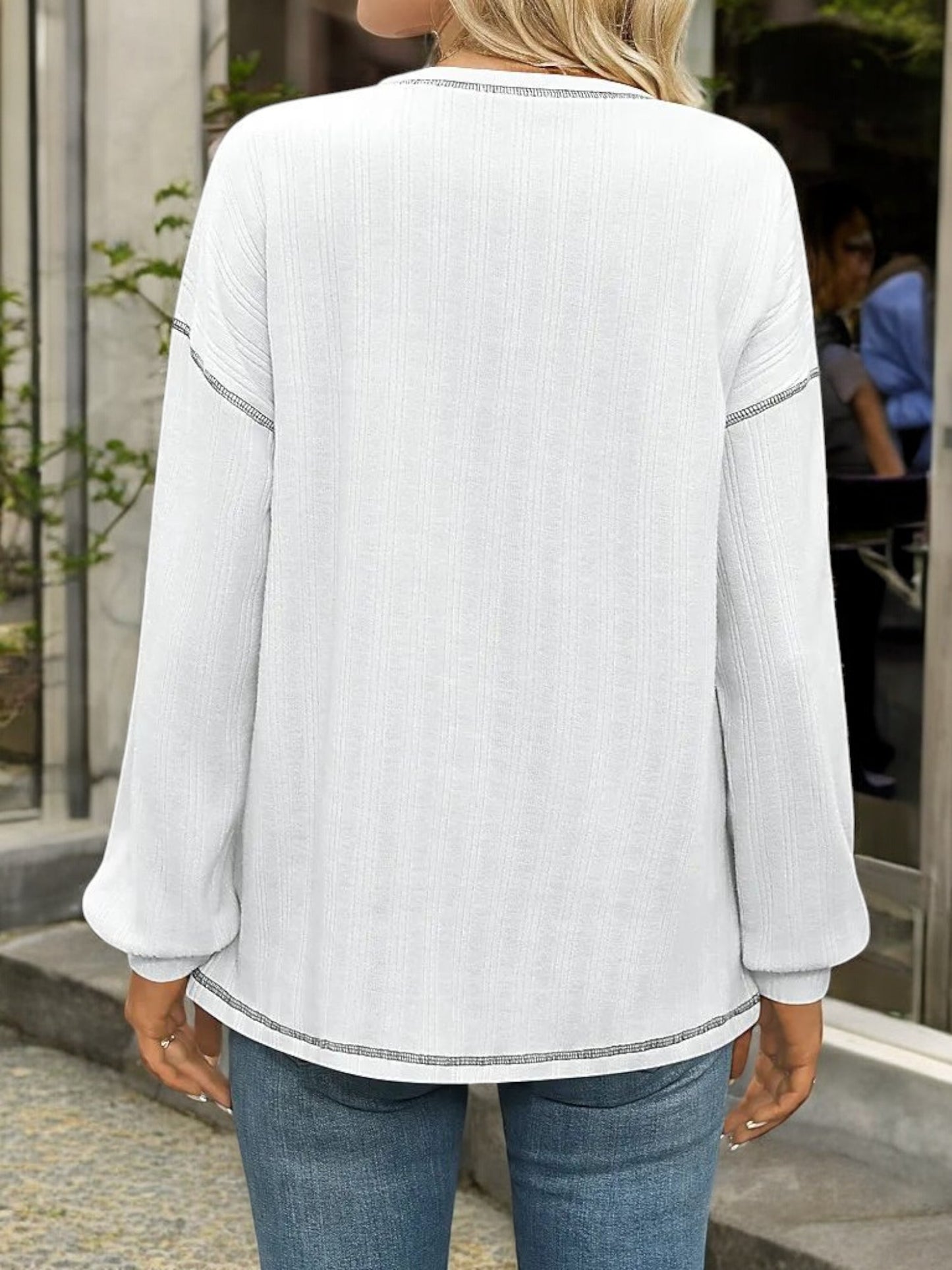 Striped Long Sleeve Top with Front Pocket and Relaxed Fit