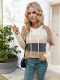 Color Block Knit Hoodie with Lace-Up Drawstring and Long Sleeves