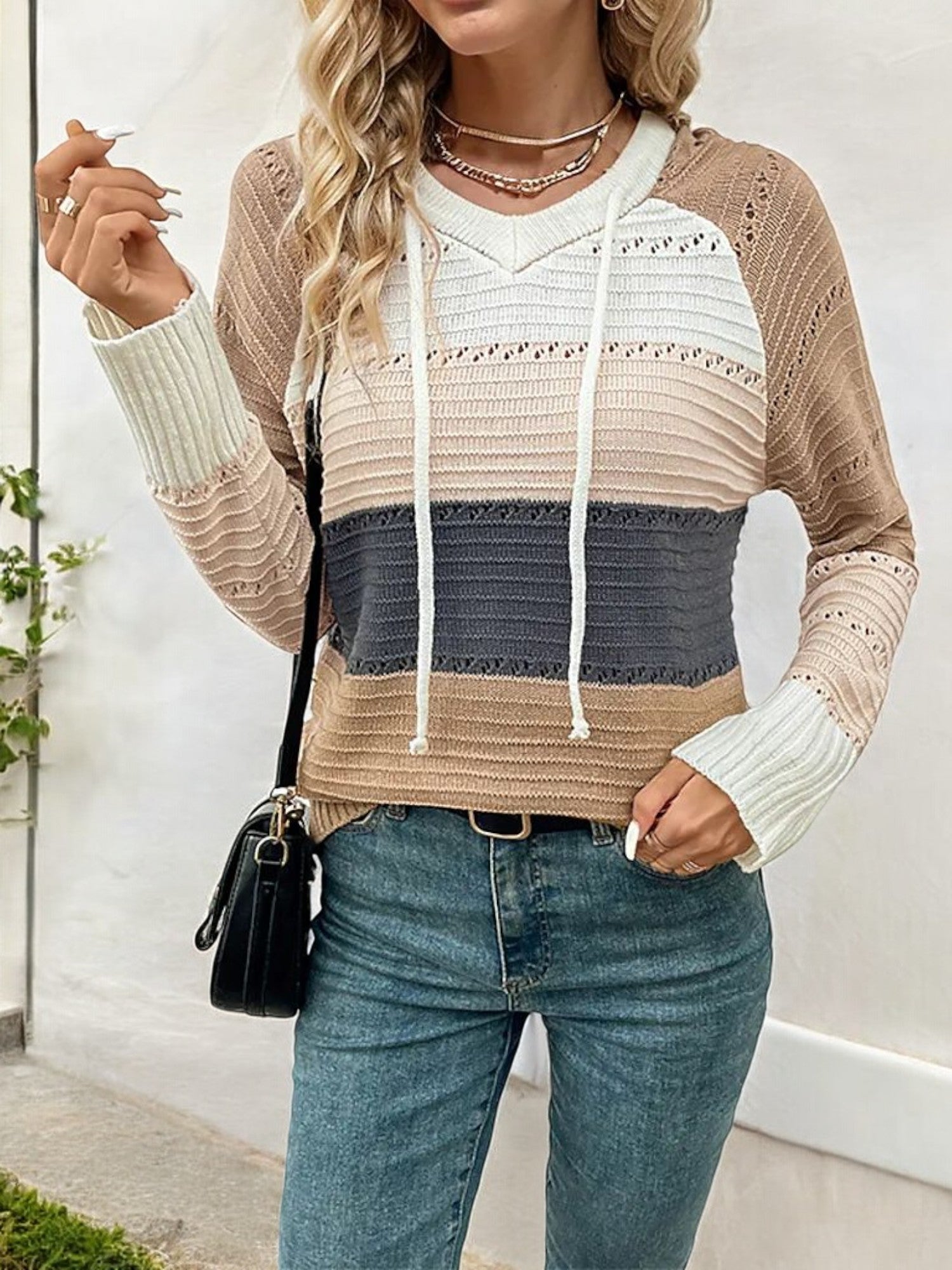 Color Block Knit Hoodie with Lace-Up Drawstring and Long Sleeves