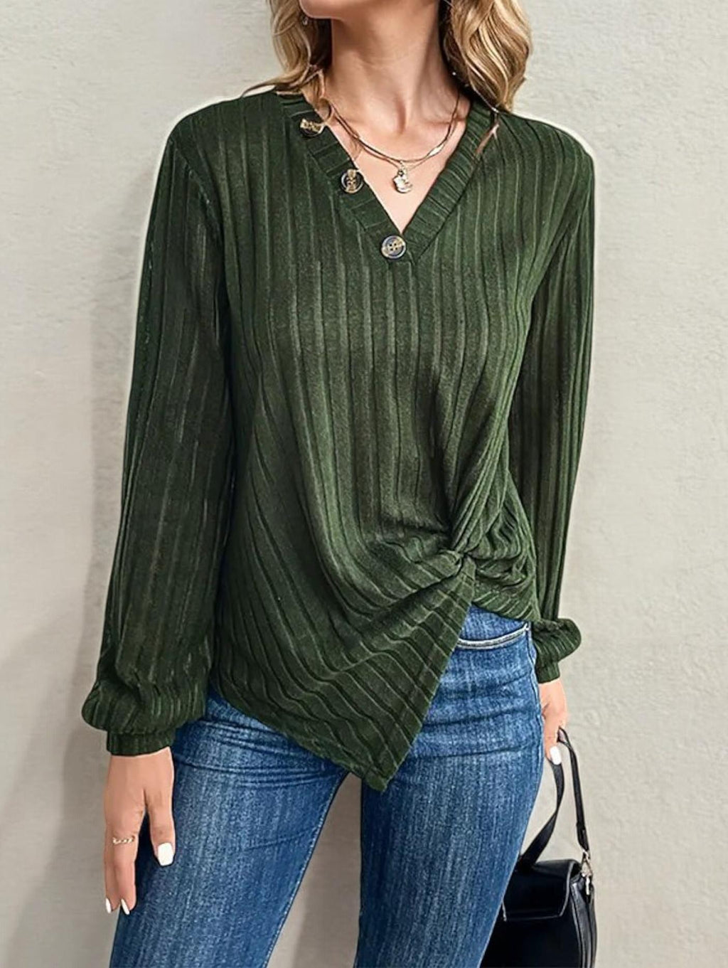 Textured V-Neck Top with Button Detail and Front Twist Knot