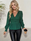 Long Sleeve Wrap Blouse with Pleated Waist and V-Neckline