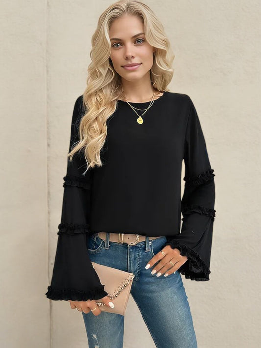 Bell Sleeve Top with Ruffle Trim Details and Crew Neckline
