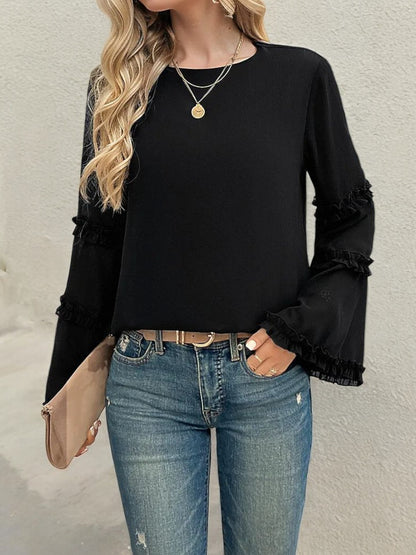 Bell Sleeve Top with Ruffle Trim Details and Crew Neckline