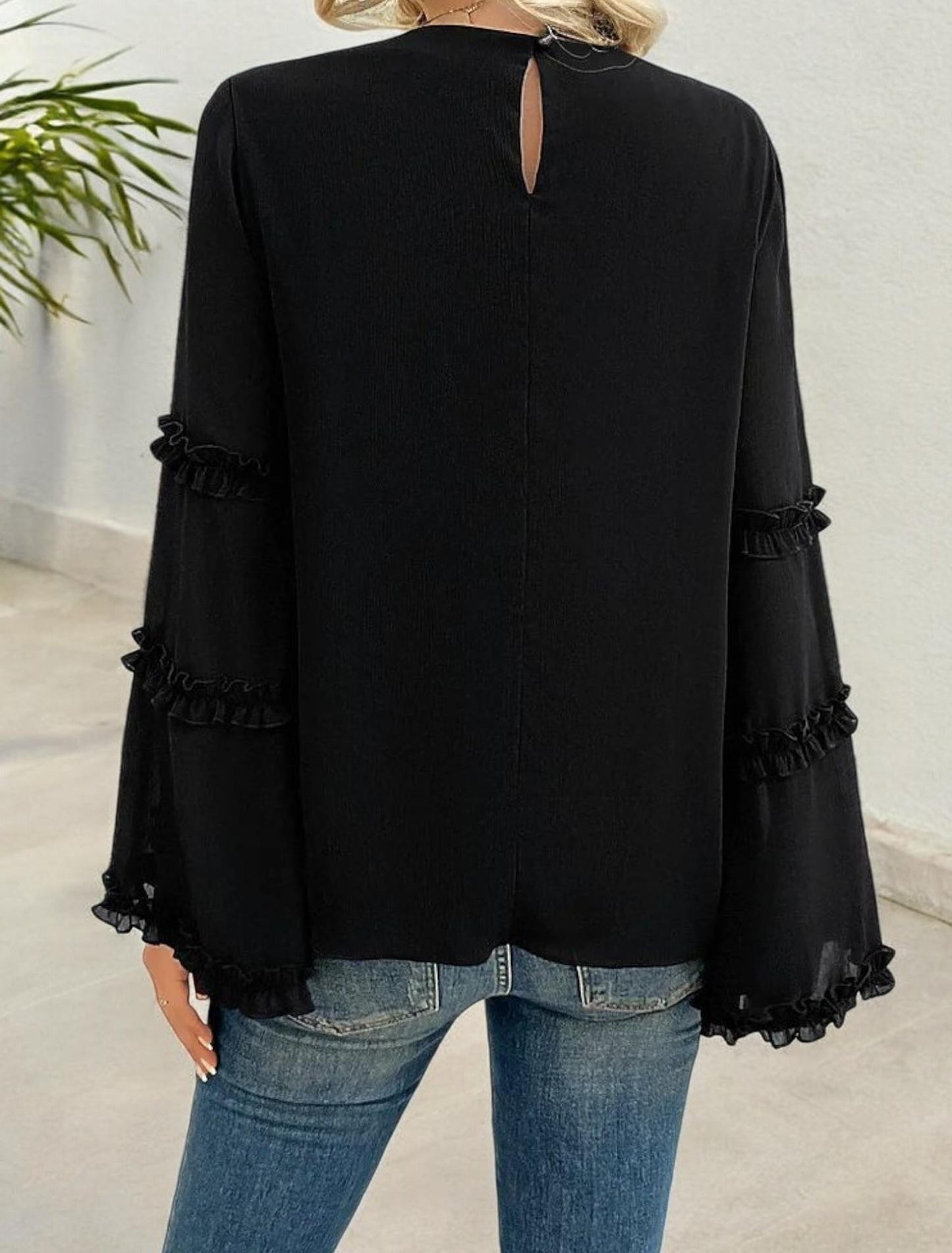 Bell Sleeve Top with Ruffle Trim Details and Crew Neckline